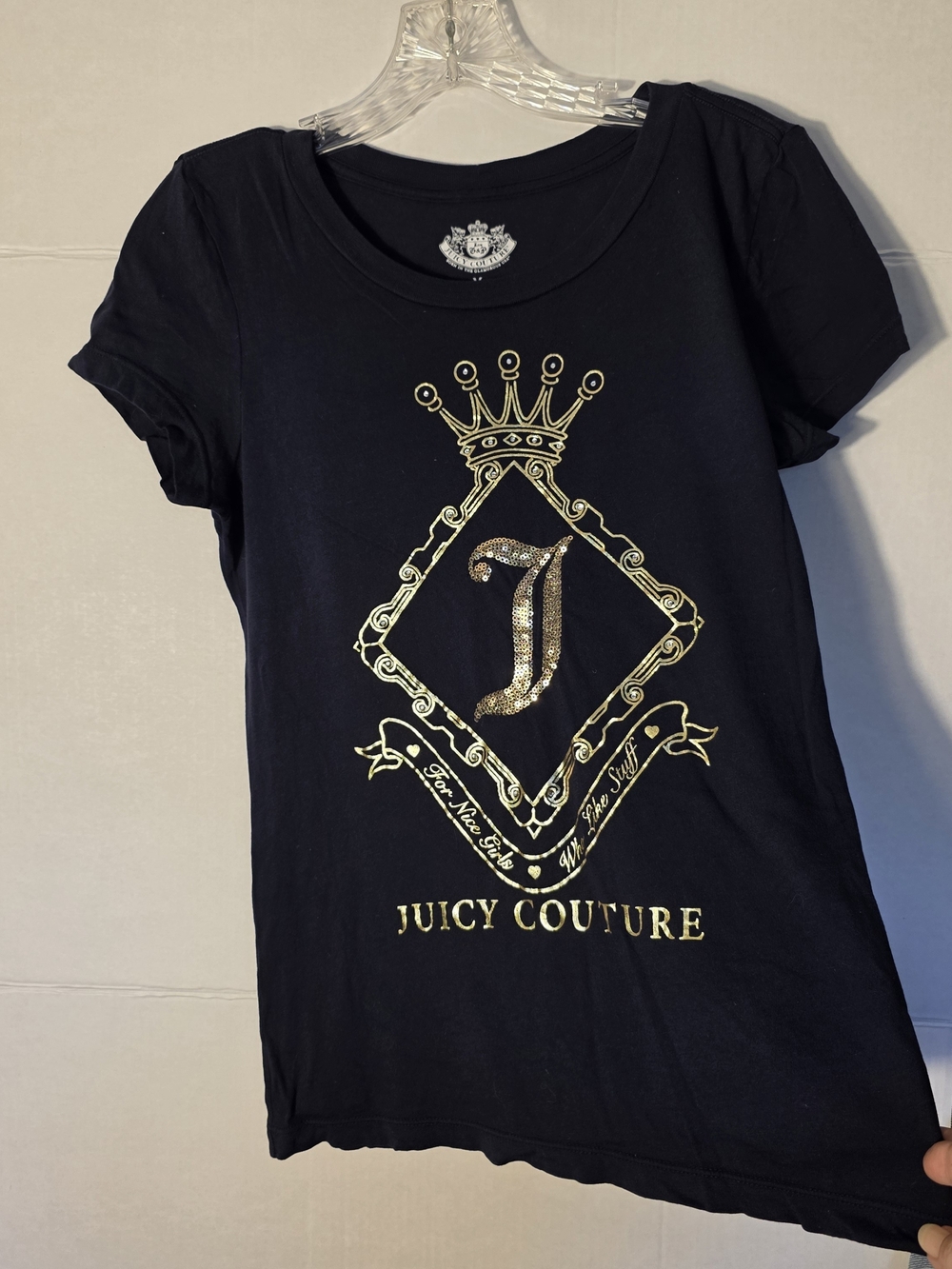 Juicy Couture Navy Rhinestone Diamond Crown Crest Graphic Tee Shirt EUC Mcbling